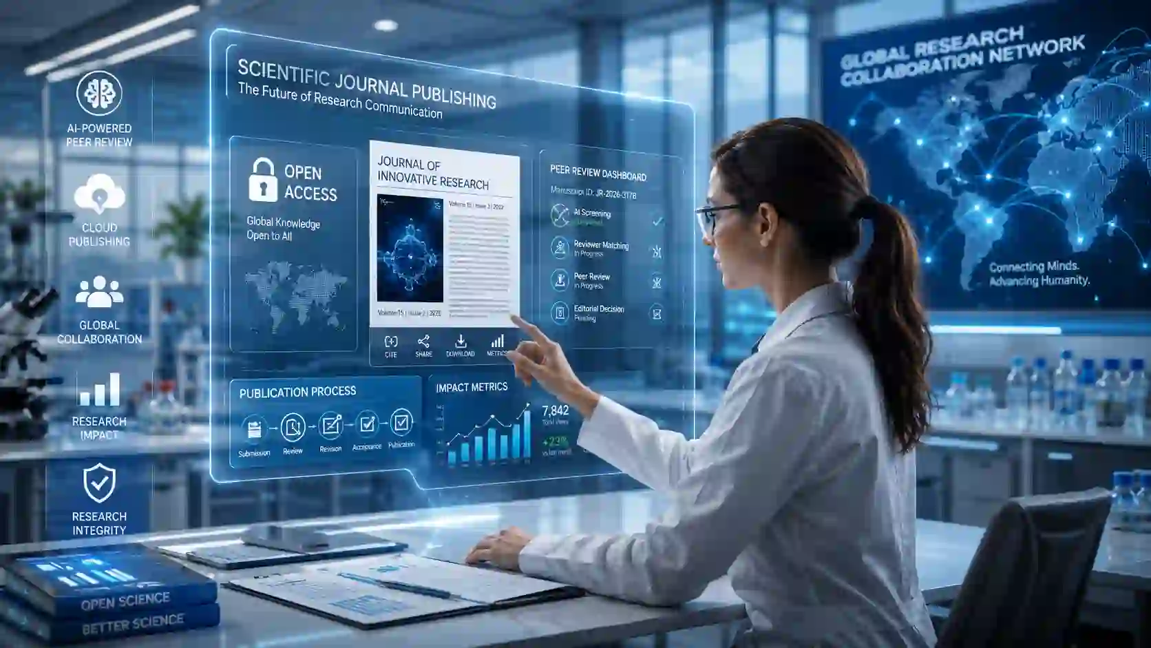 Latest trends in scientific journal publishing in 2026 featuring AI-powered peer review, open access publishing, digital scholarly communication, and global research collaboration.